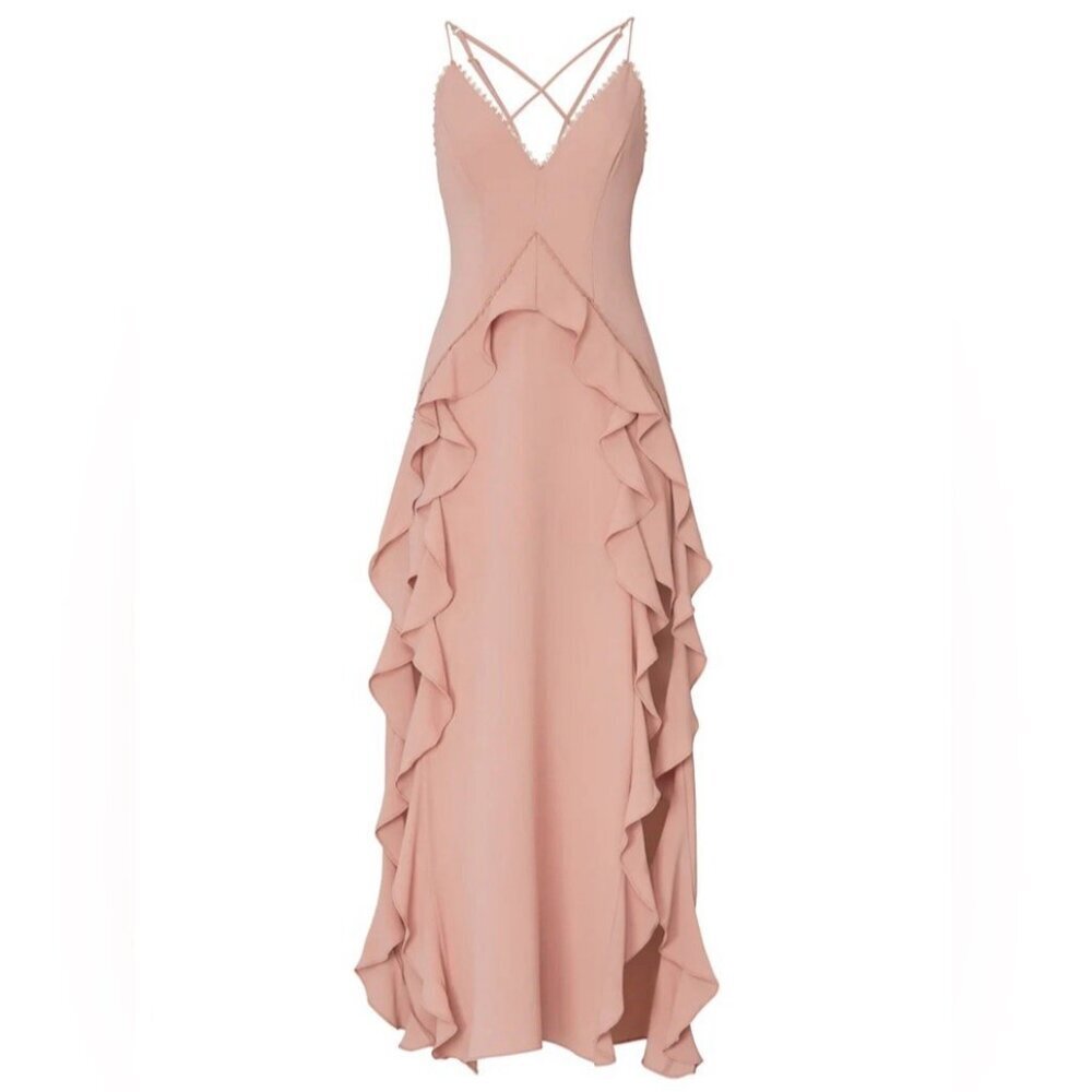 NEW L'atiste By Amy Rose Halter Ruffle Gown Dress Two Slit Side MEDIUM fairy